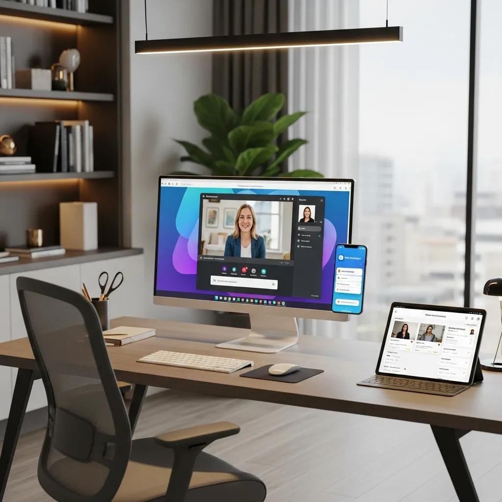 Modern therapy office with technology for virtual sessions including telehealth software and secure messaging