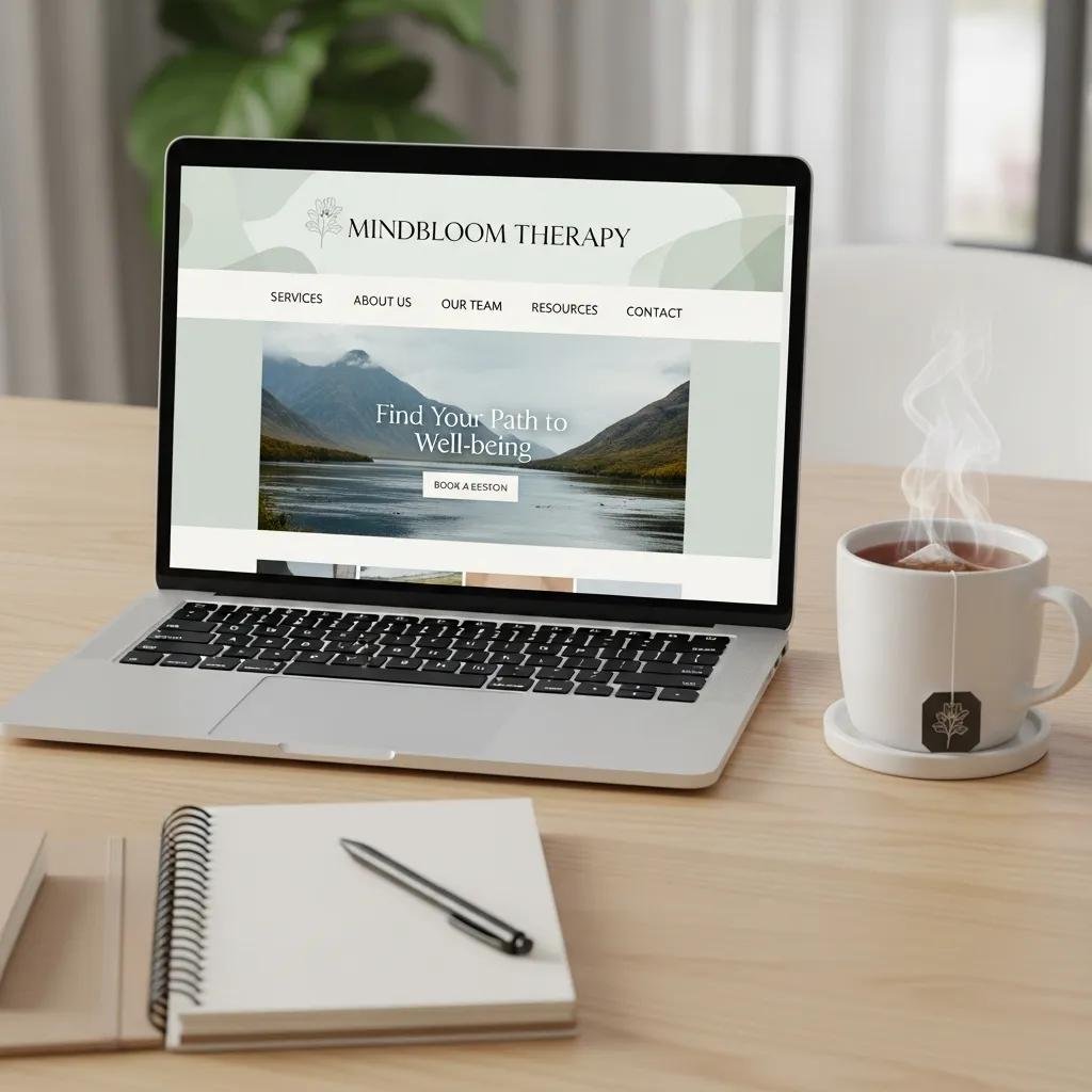 Modern therapy website design displayed on a laptop with a calming workspace