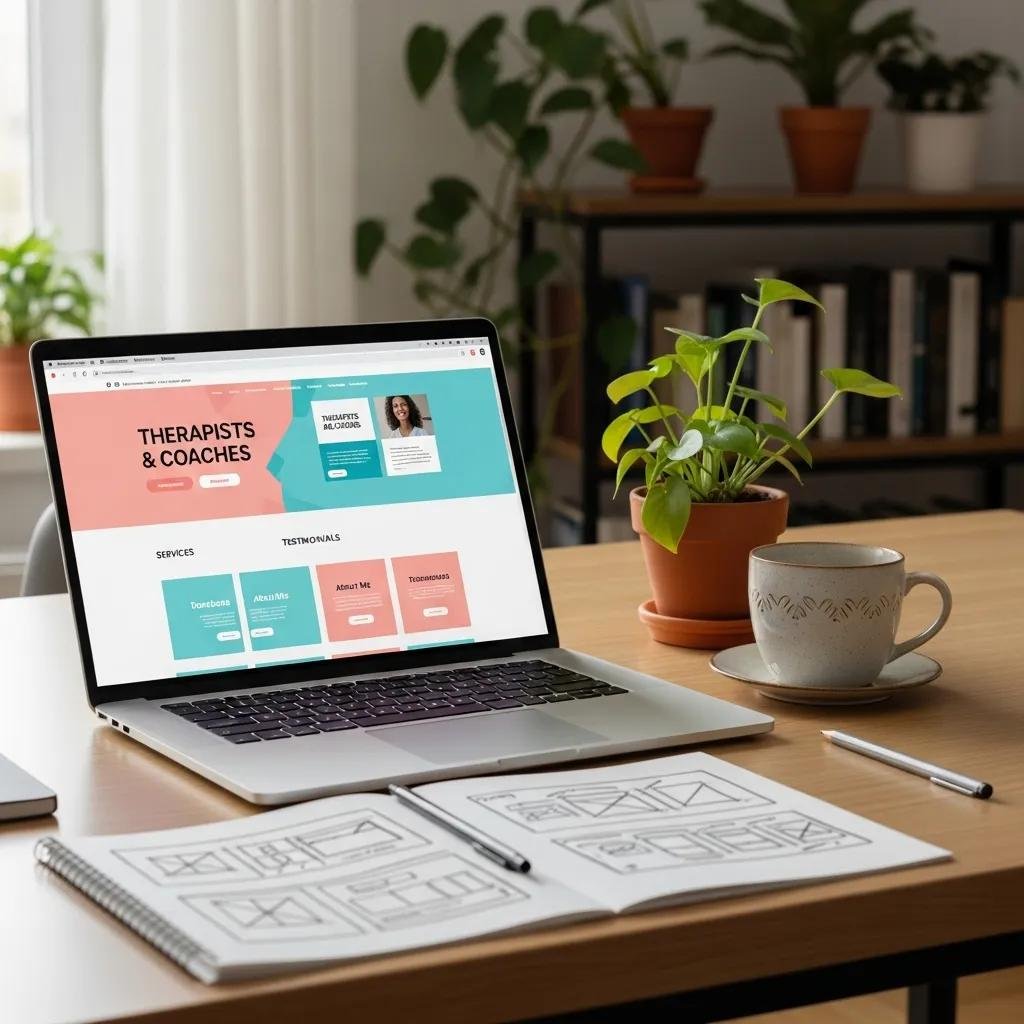 Modern workspace with laptop displaying website design, symbolizing website redesign for therapists