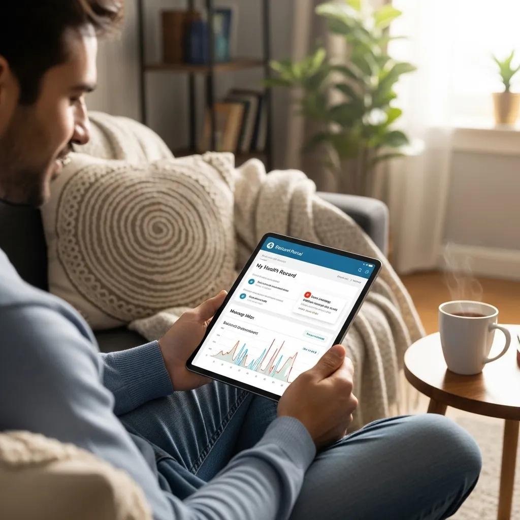 Patient accessing a secure portal on a tablet, illustrating features of patient engagement