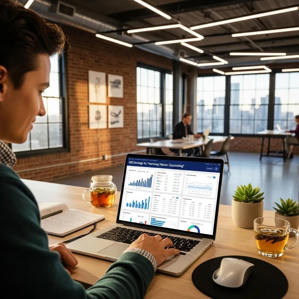 Person analyzing SEO strategies for a marriage counselor website in a modern workspace