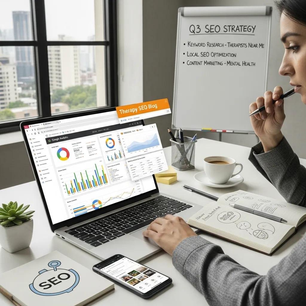 Person analyzing website data on a laptop, representing essential SEO best practices for therapist websites