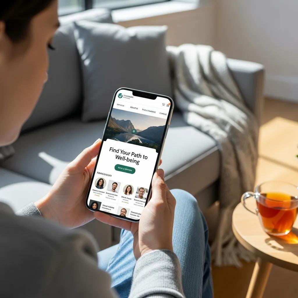 Person browsing a therapist's website on a smartphone, illustrating the significance of mobile-friendliness for SEO