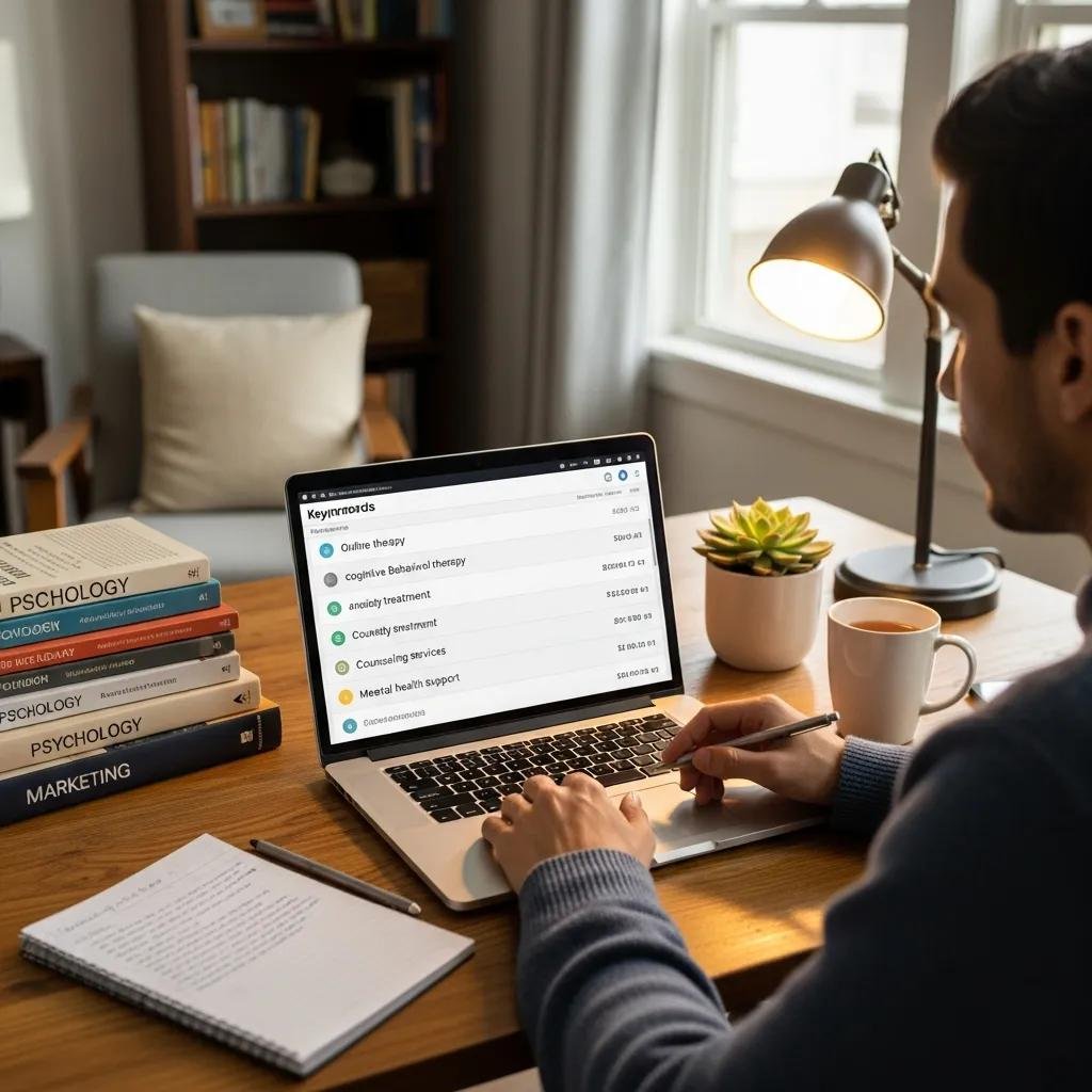 Person conducting local keyword research for therapy services on a laptop in a cozy home office