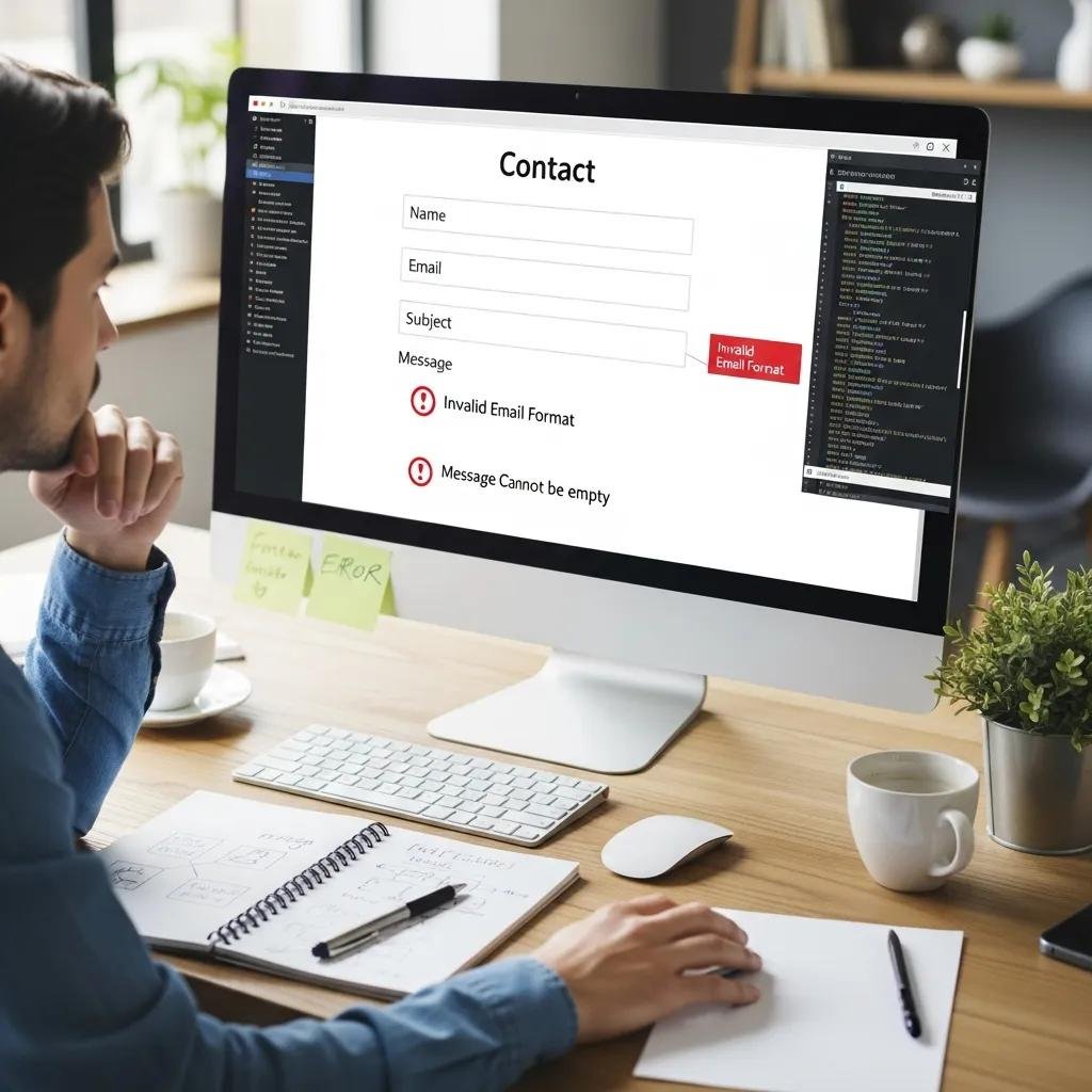 Person troubleshooting a contact form on a computer, highlighting the process of resolving issues