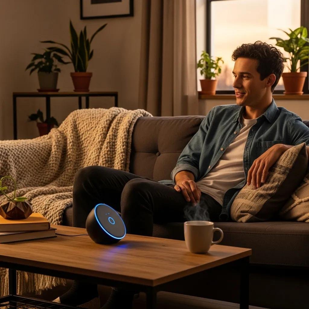 Person using a voice-activated device at home, highlighting voice search optimization in therapy