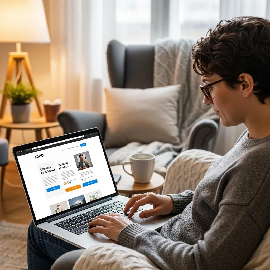 Person with ADHD interacting with a user-friendly website on a laptop in a cozy environment