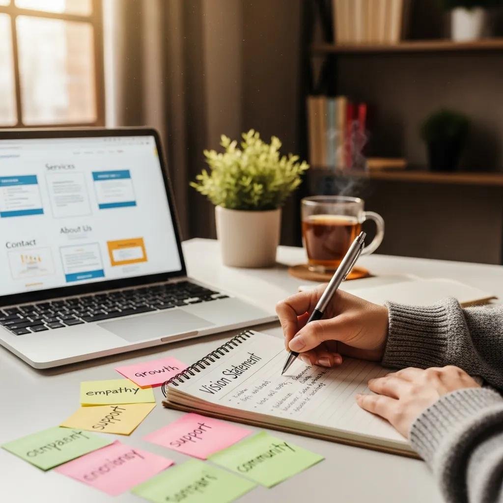 Therapist writing a concise vision statement at a desk surrounded by planning notes