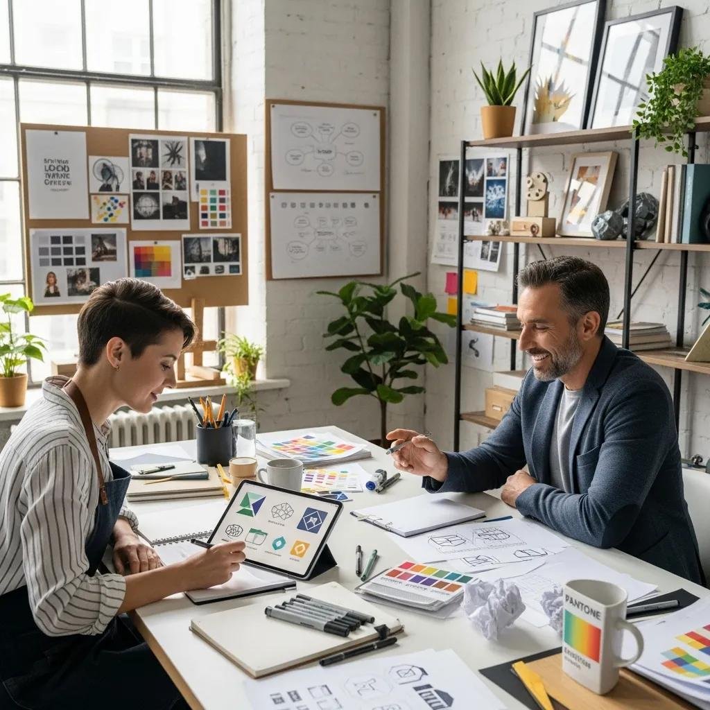 Professional designer working with a therapist on logo concepts in a creative workspace