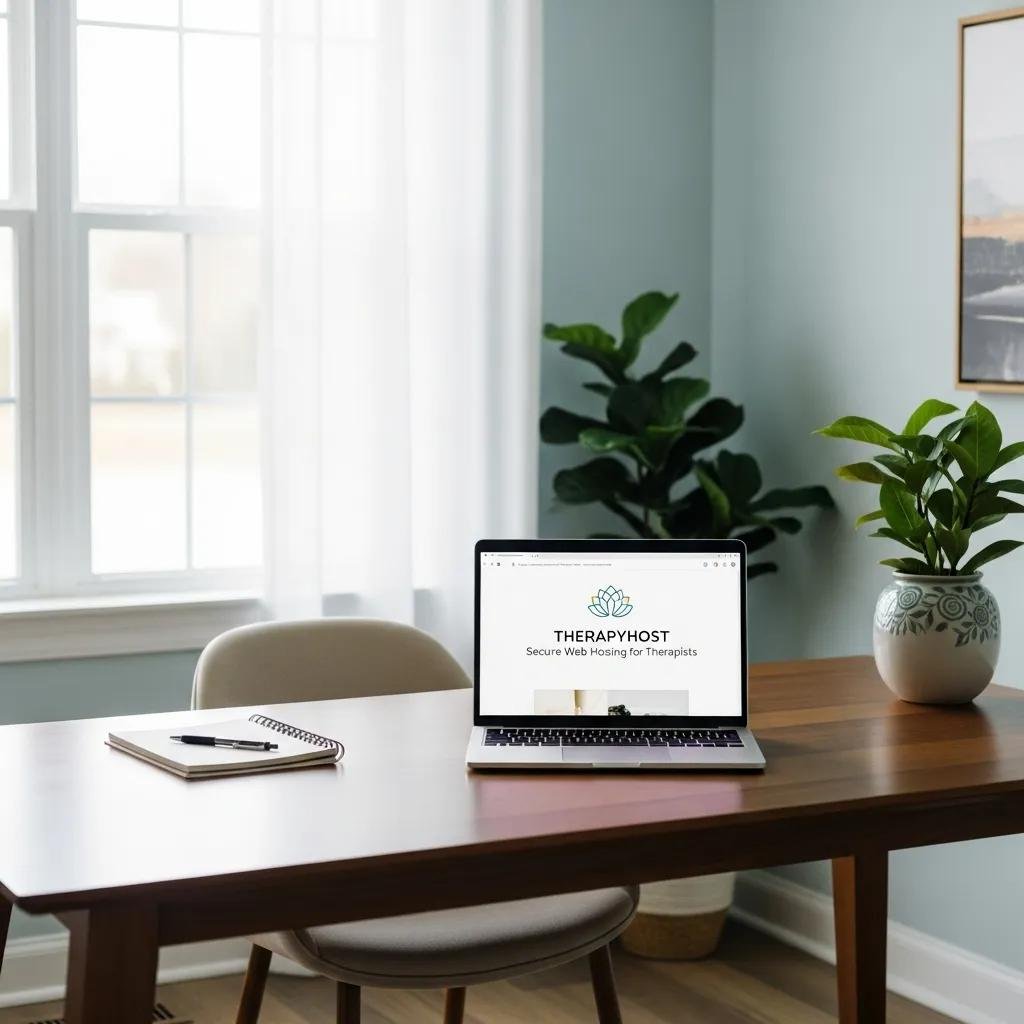 Professional therapist workspace with laptop and calming decor