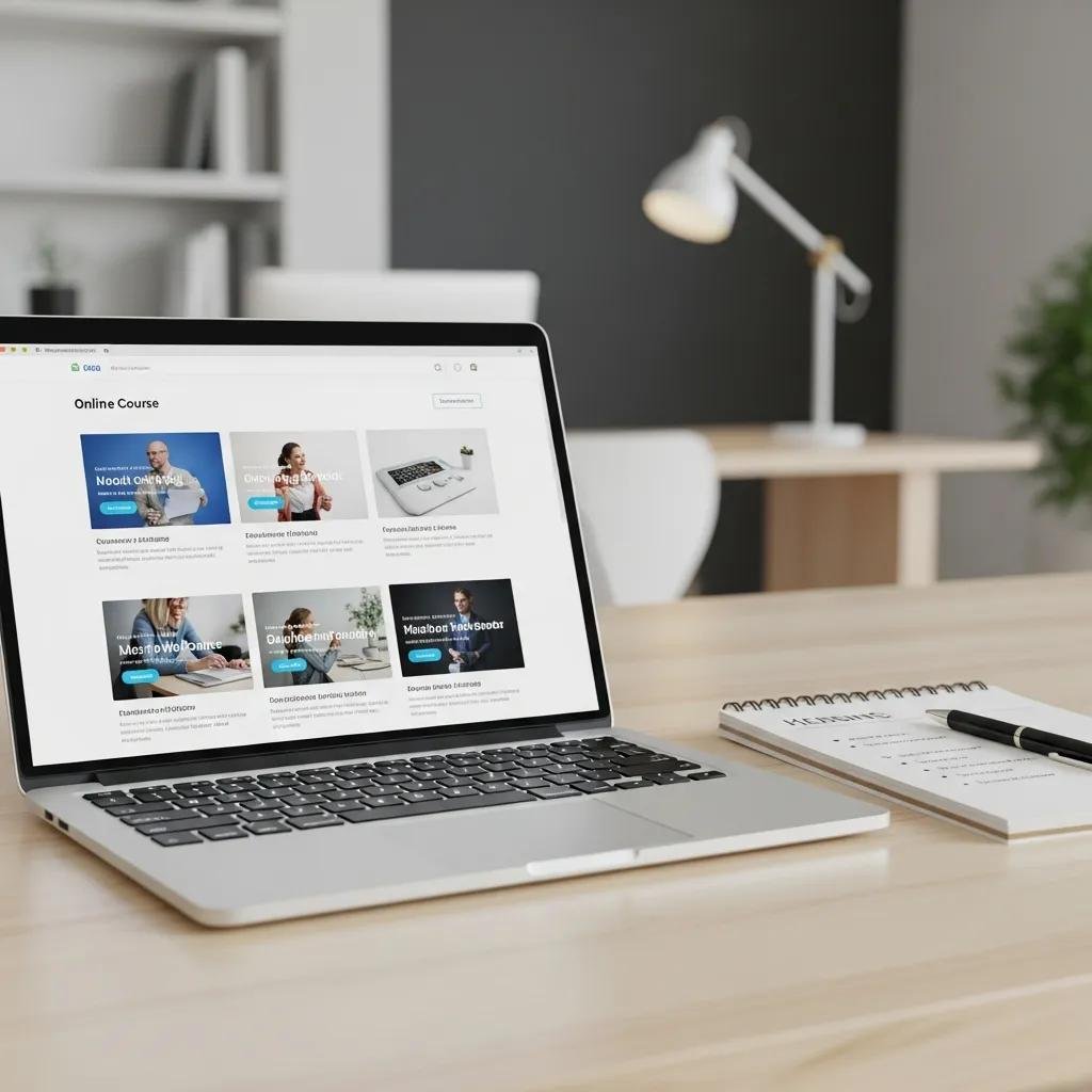 Professional website on a laptop screen showing integration of online courses for therapists and coaches