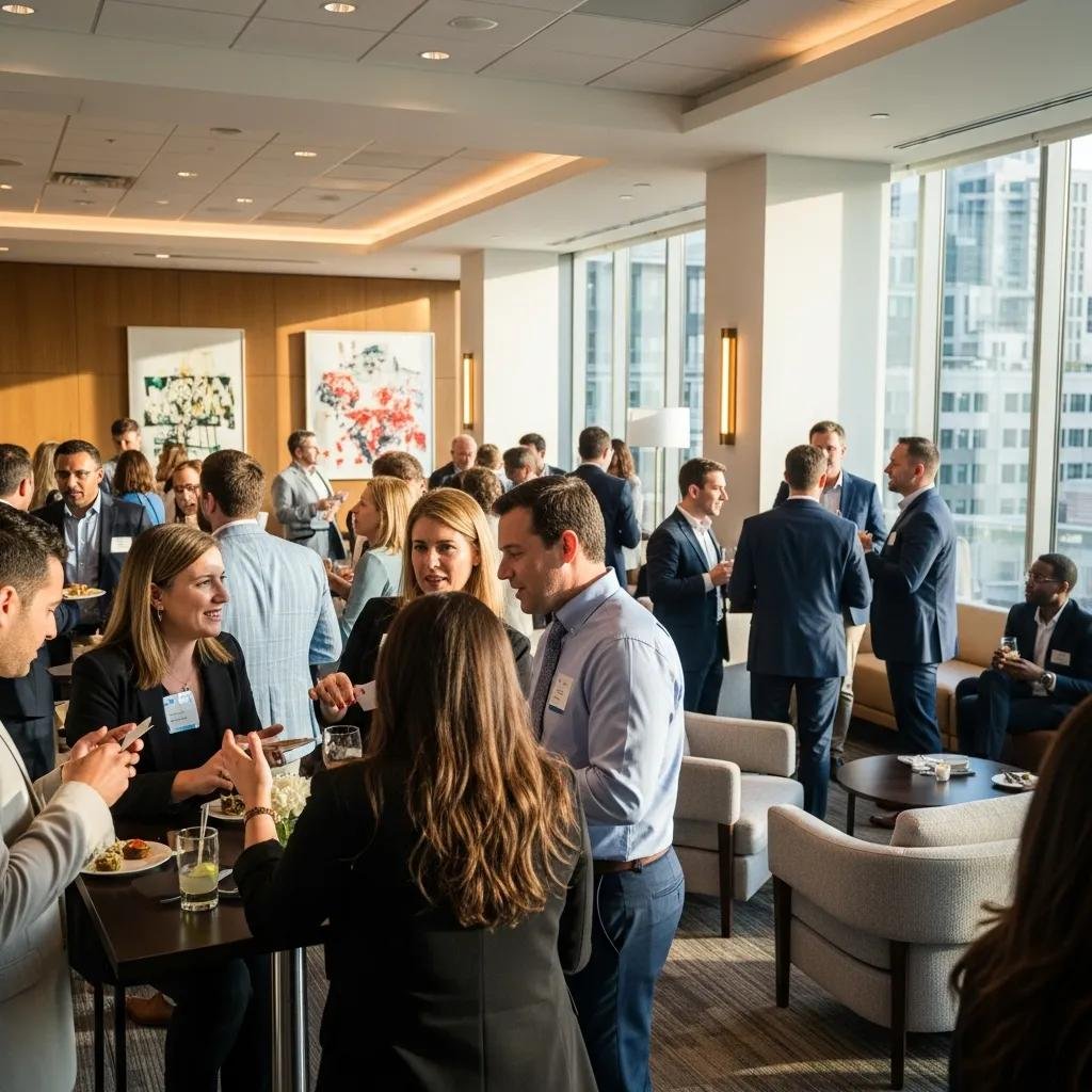 Professionals networking at an event, exchanging ideas and business cards