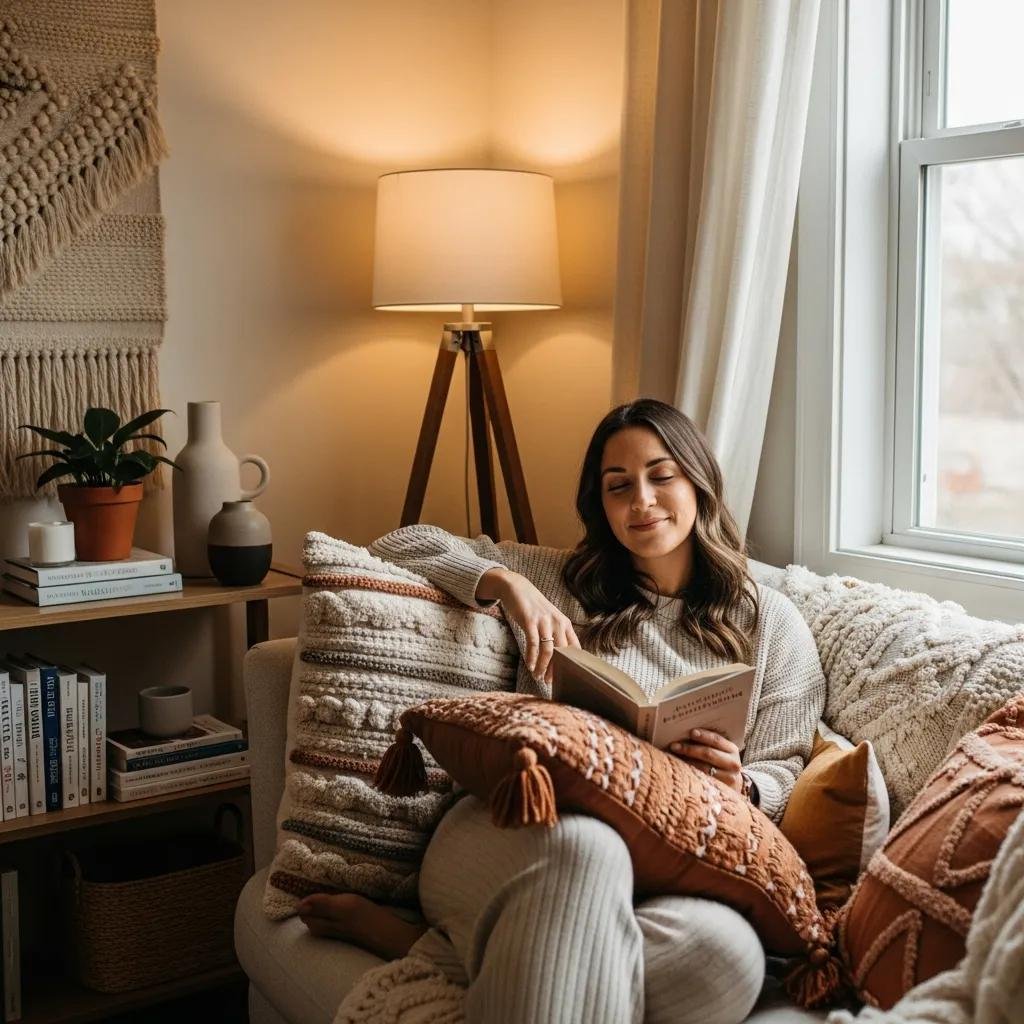 Relaxed therapist in a cozy setting, representing reduced burnout through virtual assistant support