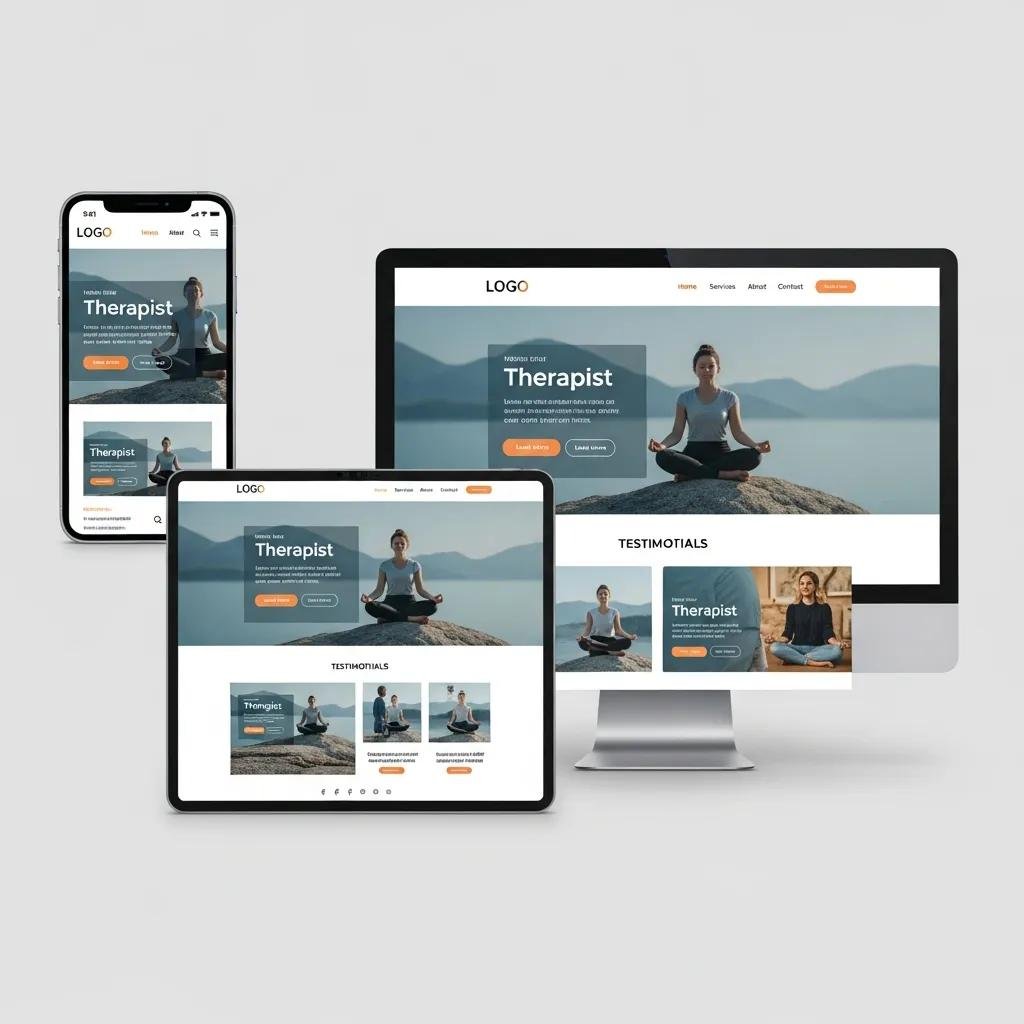 Responsive therapist website displayed on smartphone, tablet, and desktop, illustrating mobile-friendly design features