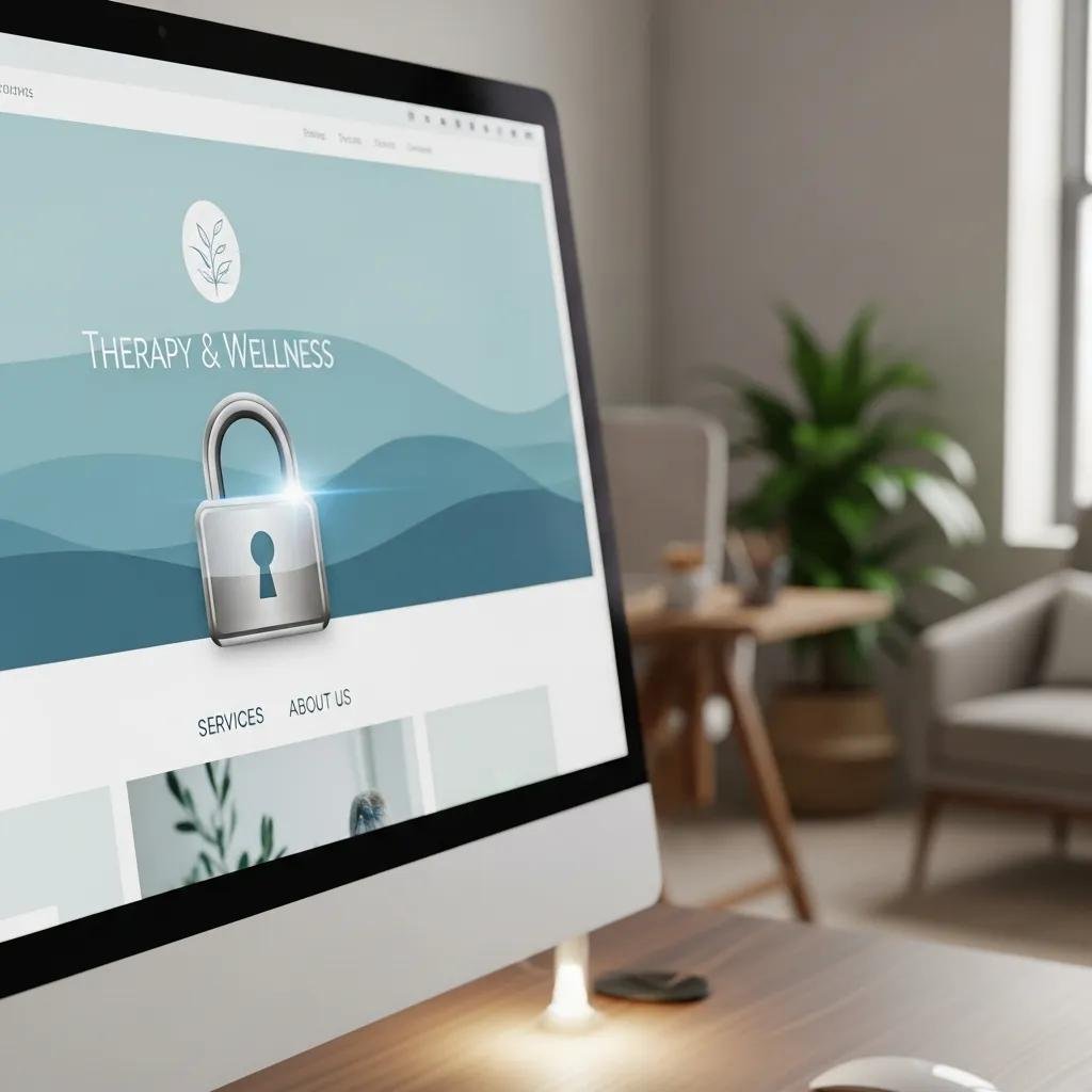 Secure digital environment with a lock symbol over a therapist's website, highlighting HIPAA compliance and security
