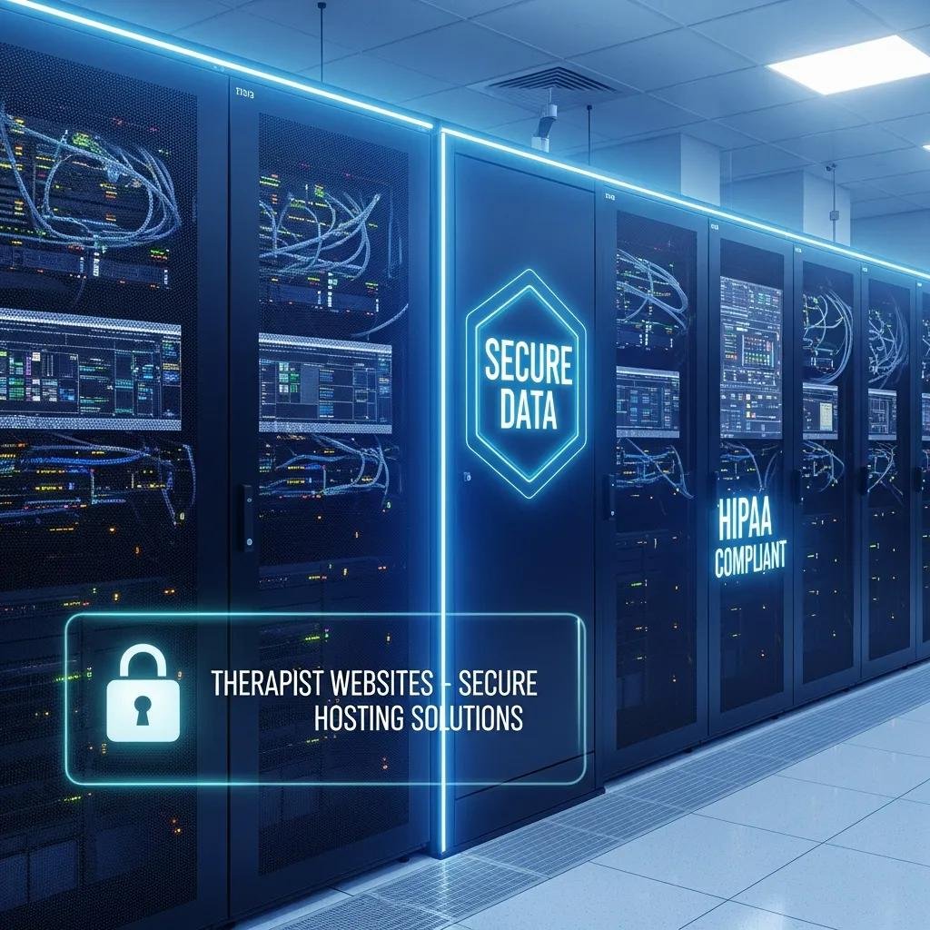 Secure server room representing HIPAA compliance and data protection for therapist websites