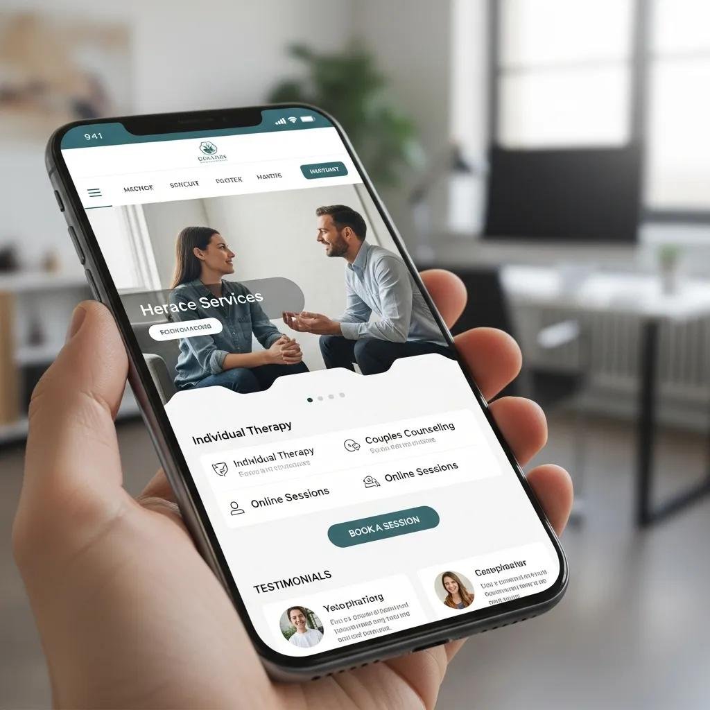 Smartphone displaying a responsive therapy website template in an office setting