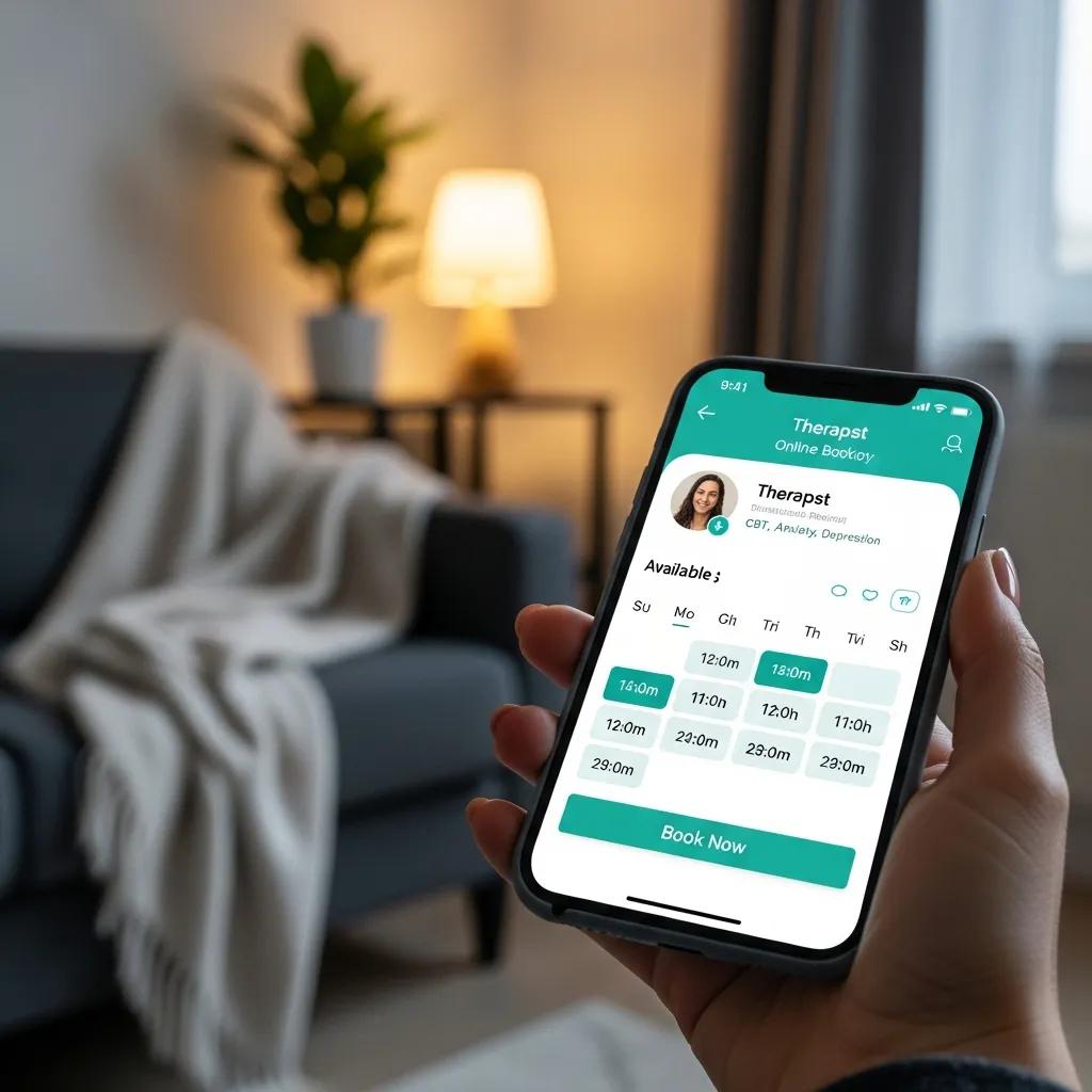 Smartphone displaying an online booking interface for therapist services, emphasizing convenience and accessibility with available appointment times and a "Book Now" button, set in a cozy indoor environment.