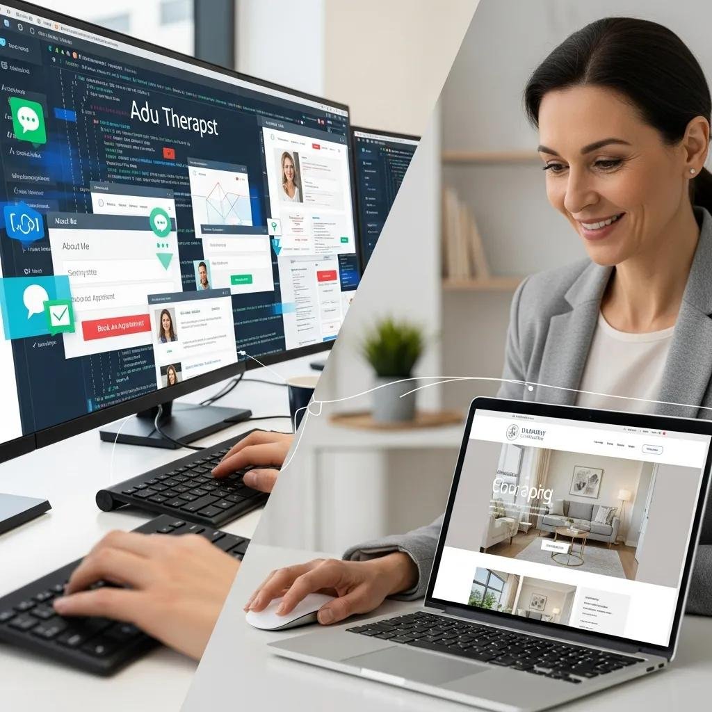 Split-screen of rapid website development and a satisfied therapist, showcasing the efficiency of Therapeia's 'Website in a Week' service
