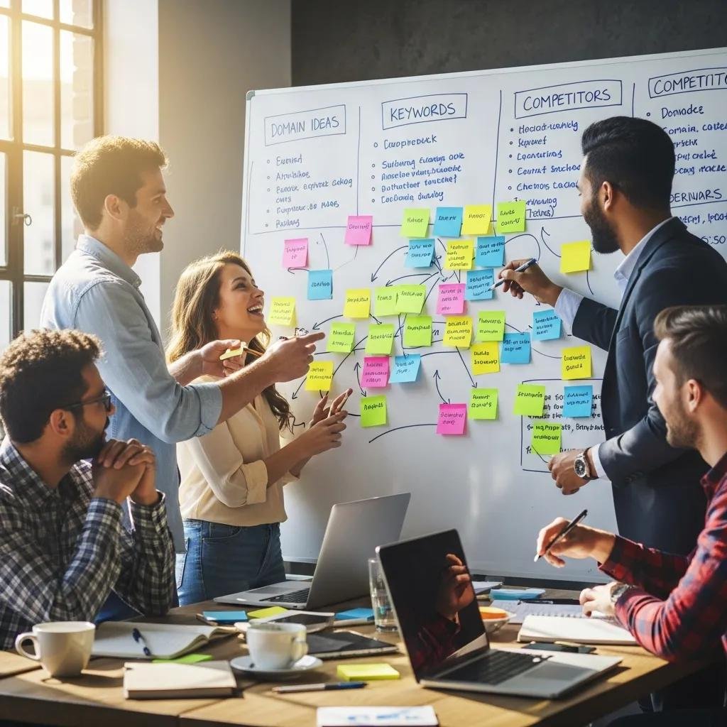 Sticky notes with domain name ideas, illustrating the brainstorming process for therapists and coaches