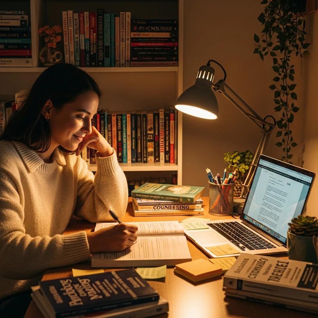 Student studying psychology in a cozy study space with books and notes