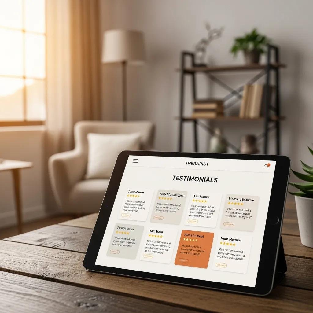 Tablet displaying client testimonials on a therapist's website, highlighting the importance of trust in therapy