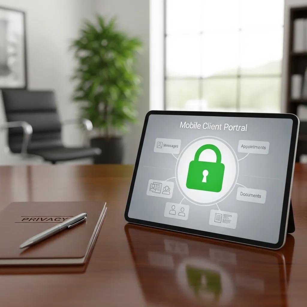 Tablet displaying secure mobile client portal, emphasizing data privacy measures in therapy