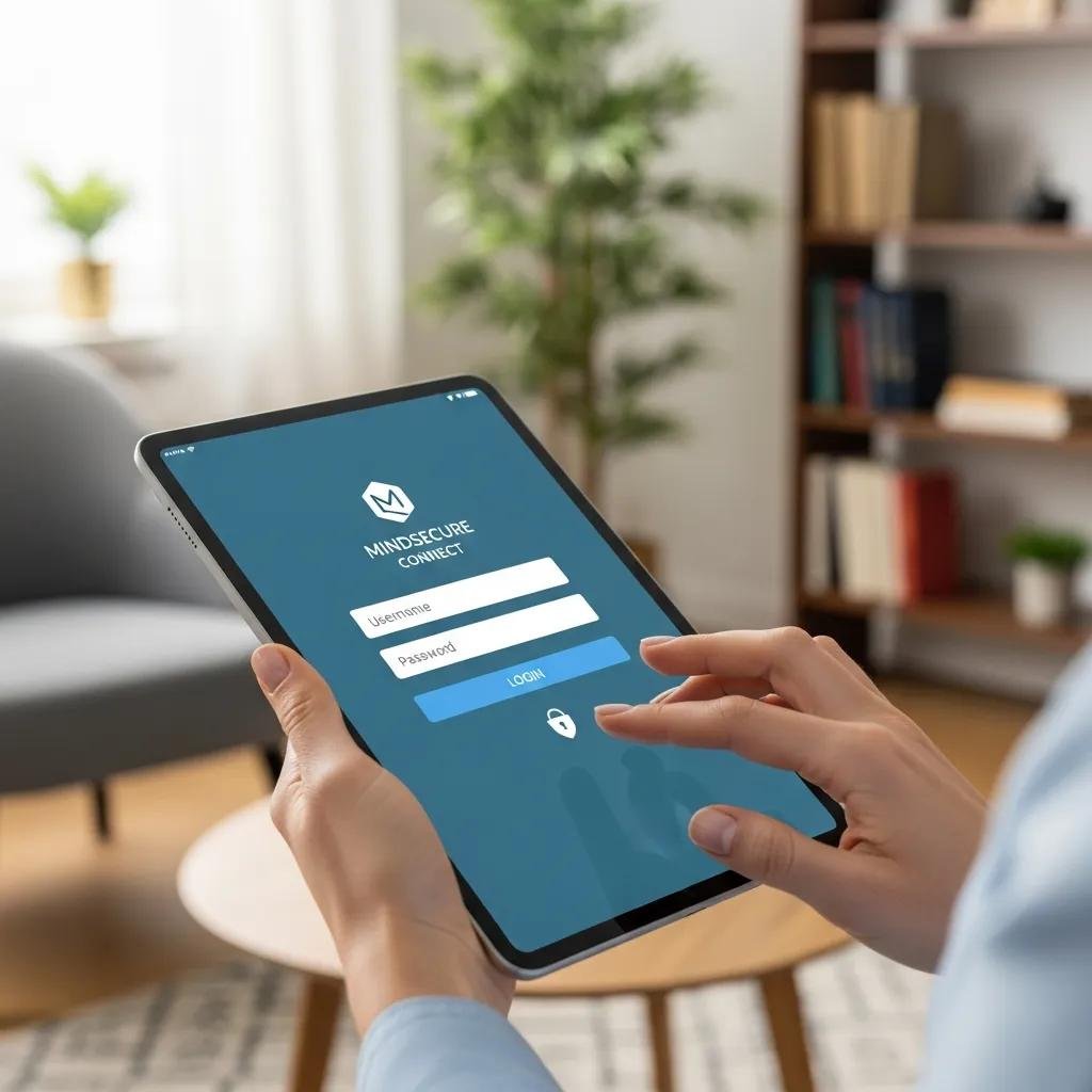 Therapist accessing a secure client portal on a tablet, emphasizing the role of secure communication in practice security