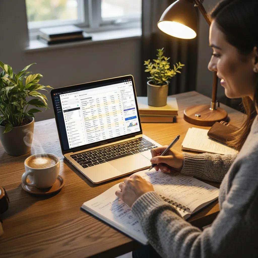 Therapist analyzing keywords on a laptop in a cozy workspace, illustrating keyword research for SEO