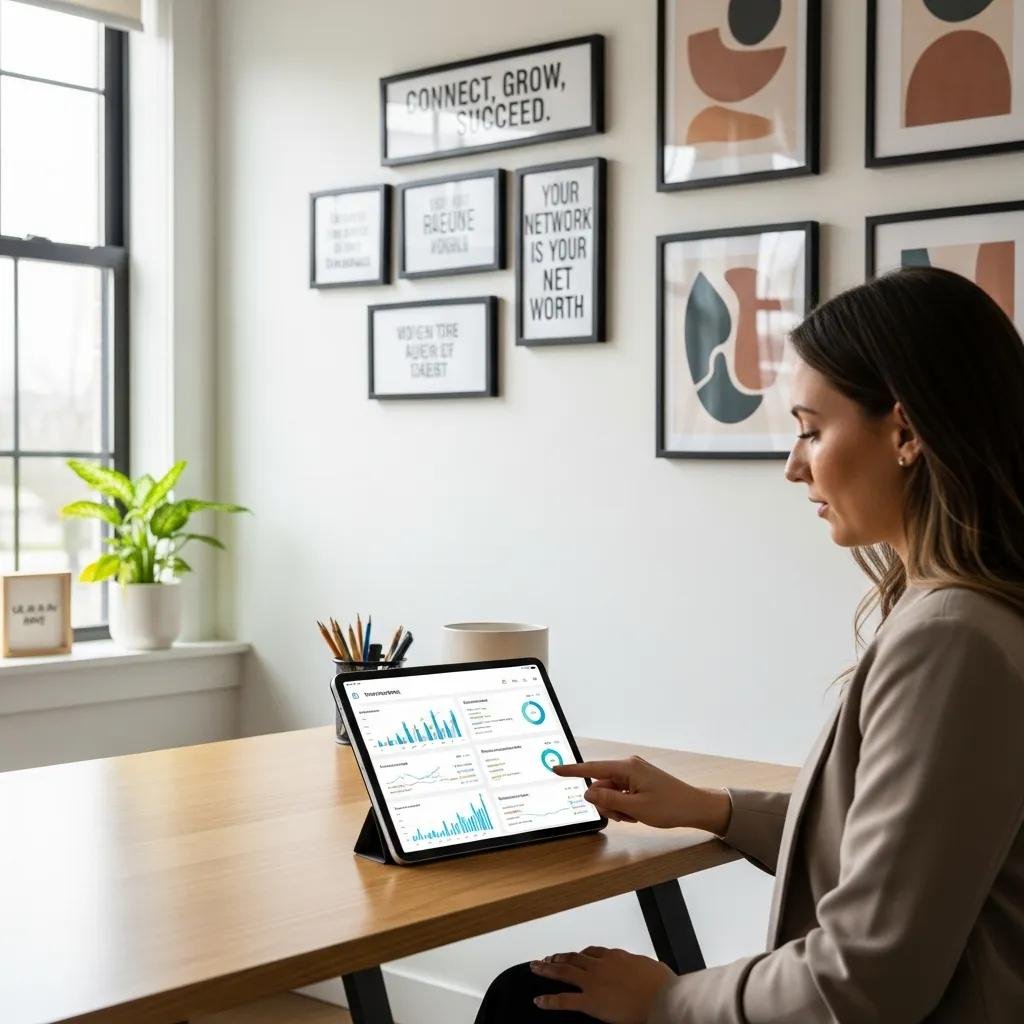 Therapist analyzing networking metrics on a tablet in a bright workspace