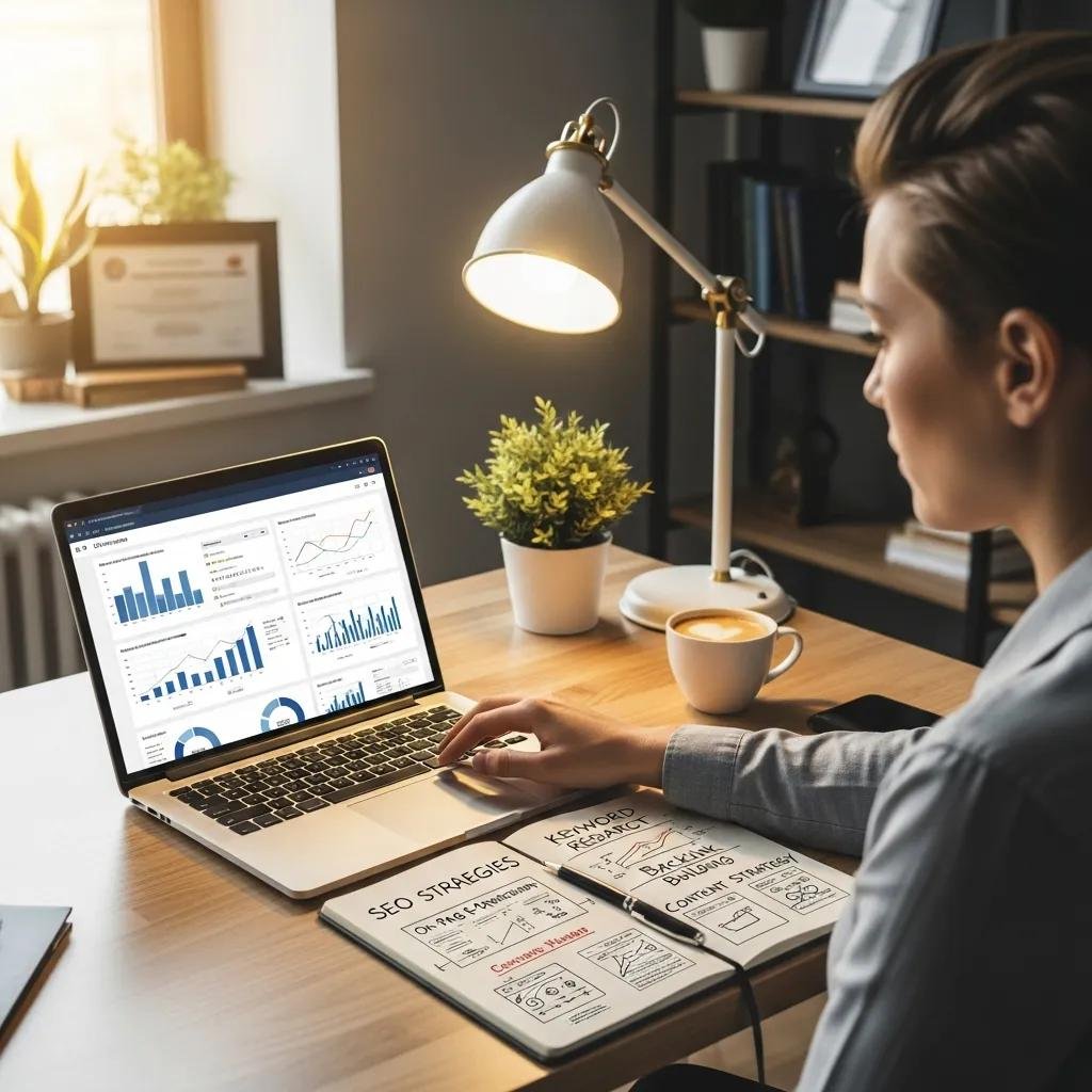 Therapist analyzing website analytics on a laptop, emphasizing SEO strategies for client visibility