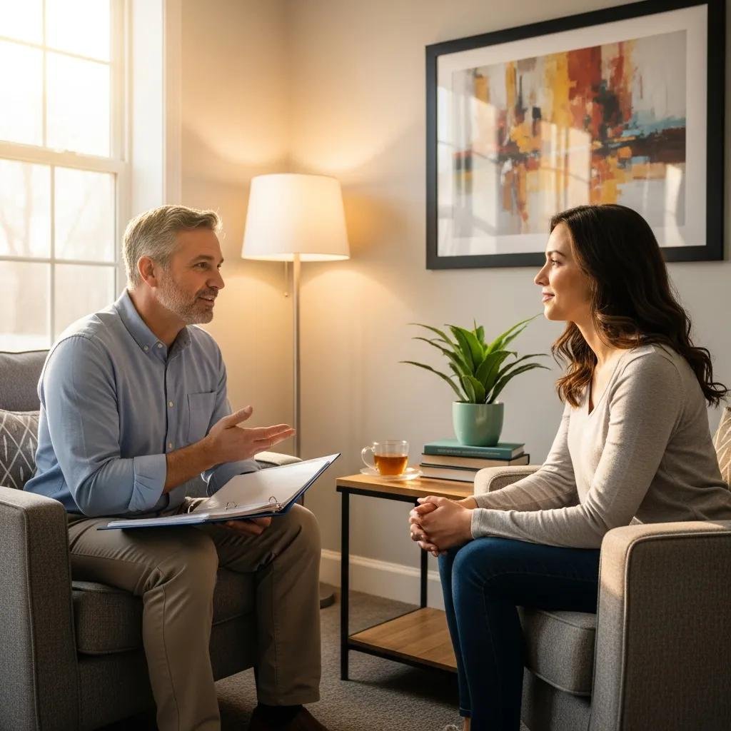 Therapist and client discussing a successful case study in a comfortable office, emphasizing positive outcomes