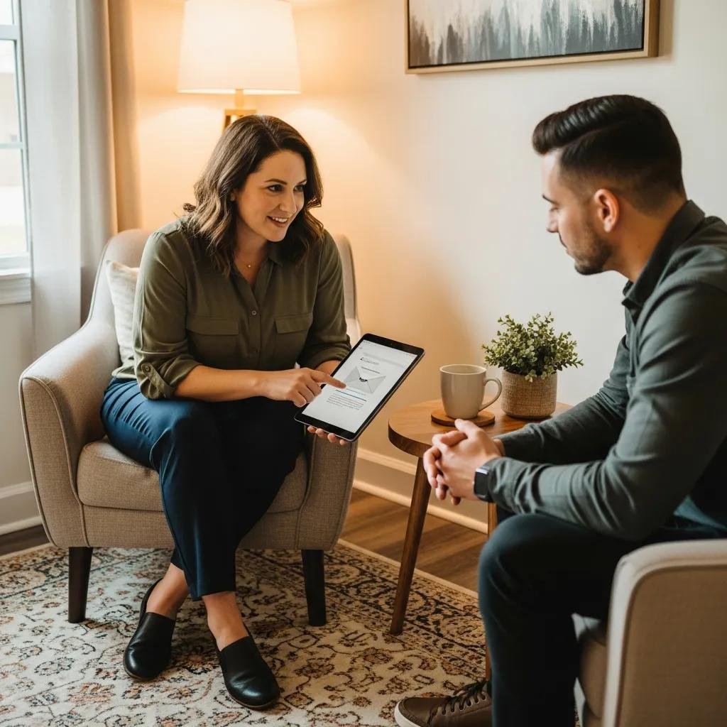 Therapist and client discussing email content, illustrating trust and engagement in therapy