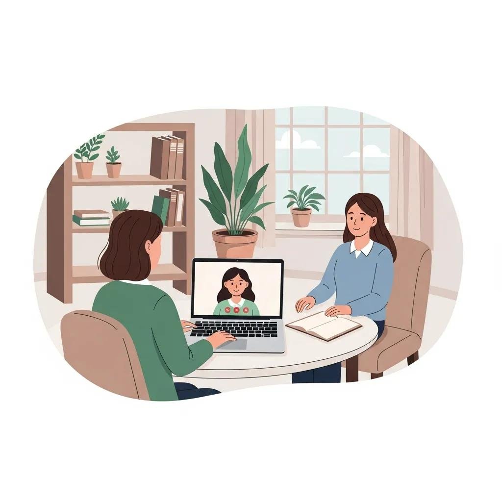 Therapist and client engaged in a telehealth video consultation, showcasing a professional and secure environment