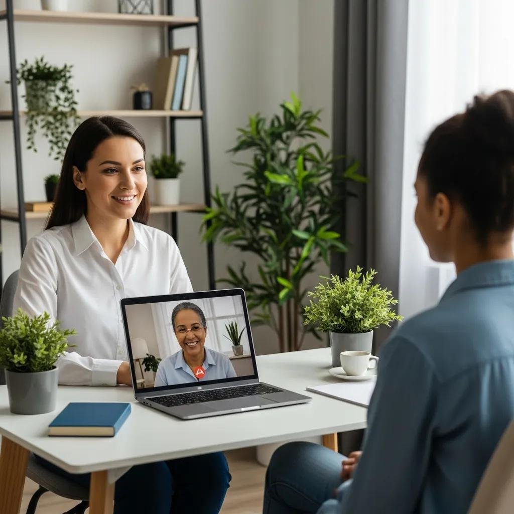 Therapist and client engaging in a telehealth consultation via video call