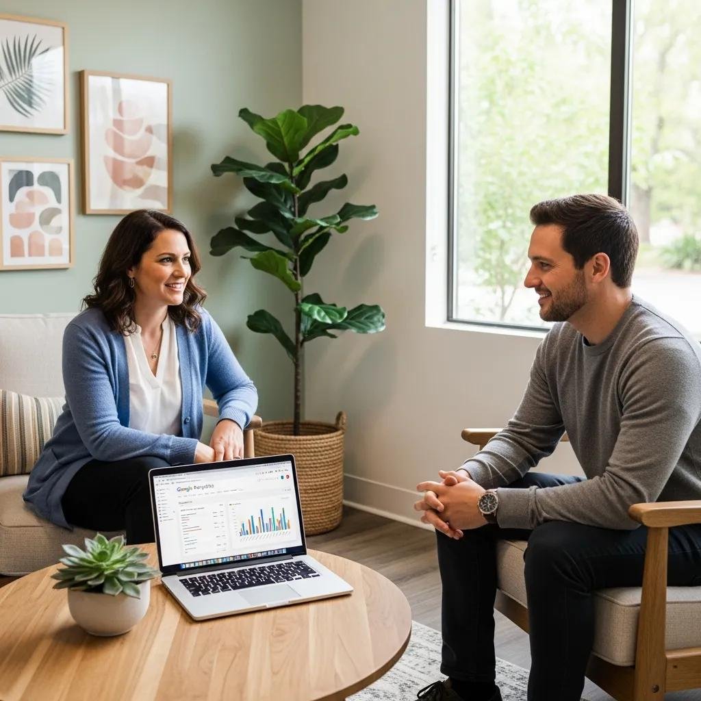 Therapist and client in a calming therapy office discussing Google Analytics for practice growth