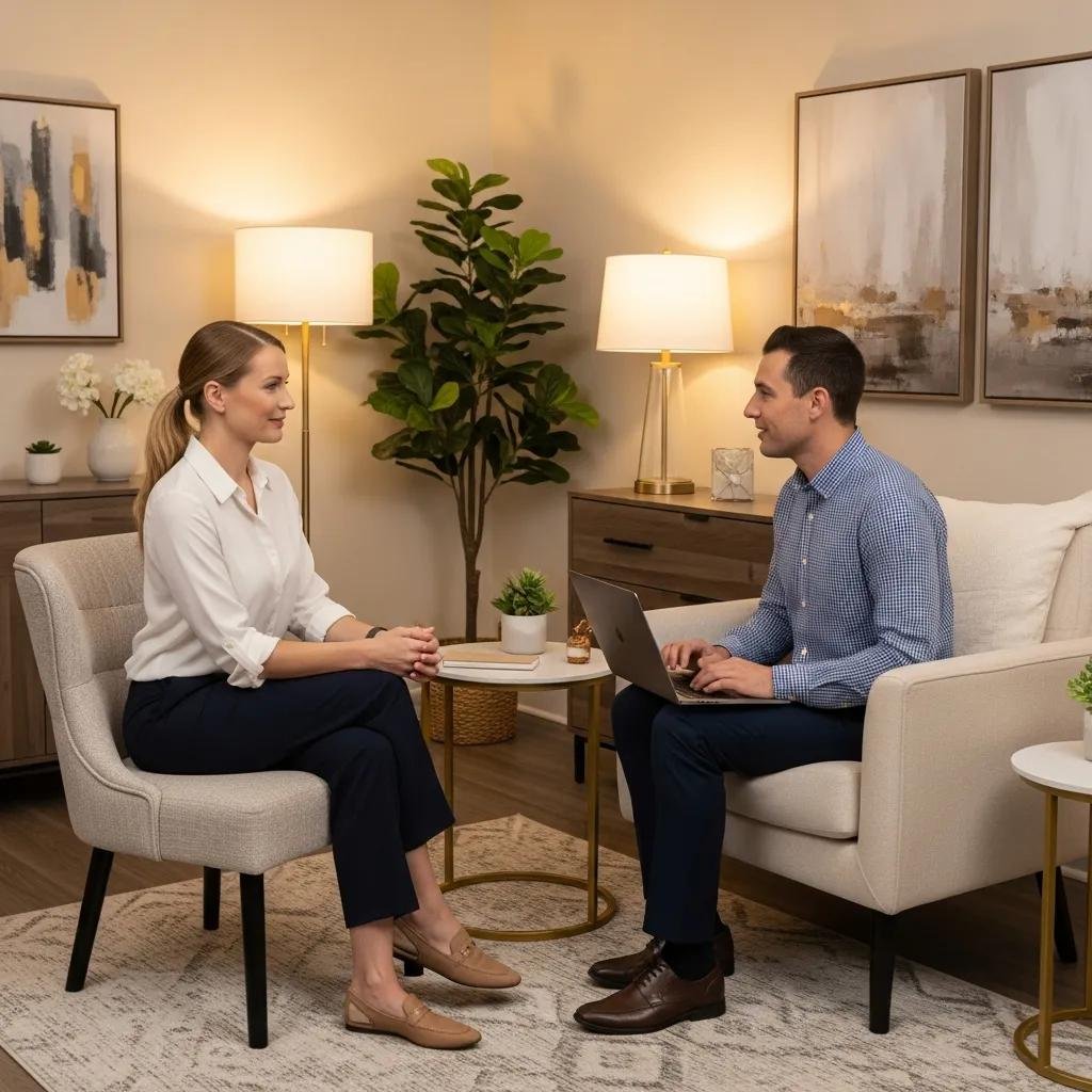 Therapist and client in a professional therapy office, emphasizing secure communication in therapy practices