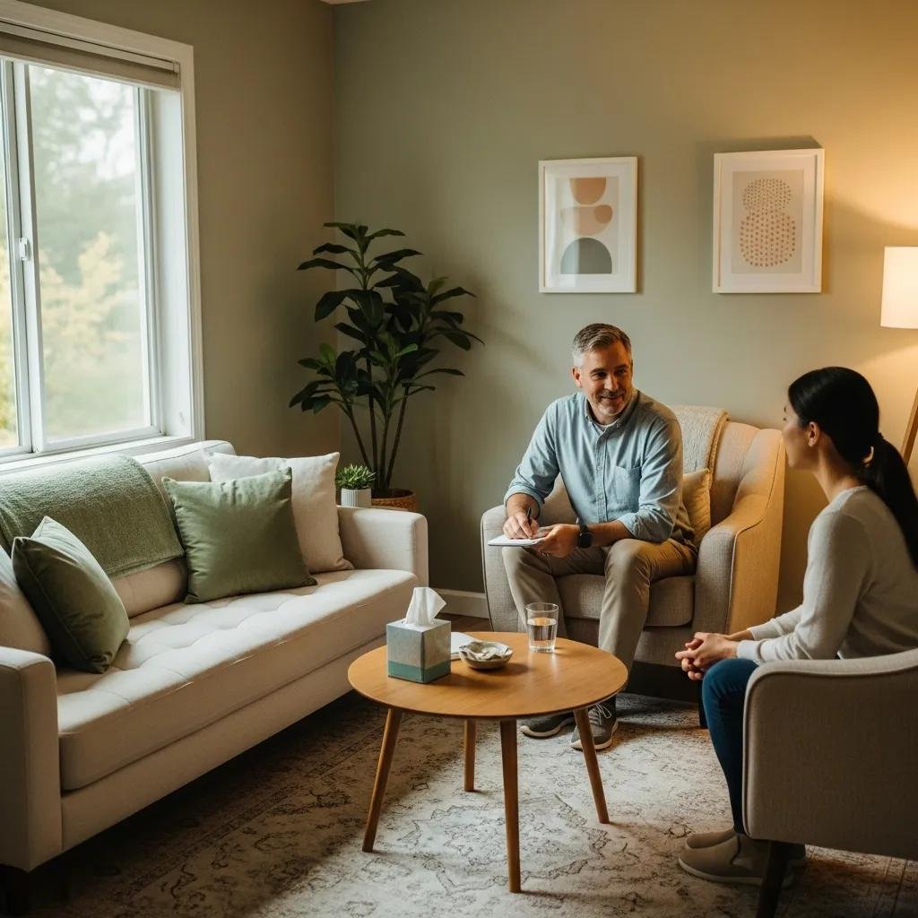 Therapist and client in a secure therapy office, emphasizing the importance of HIPAA compliance