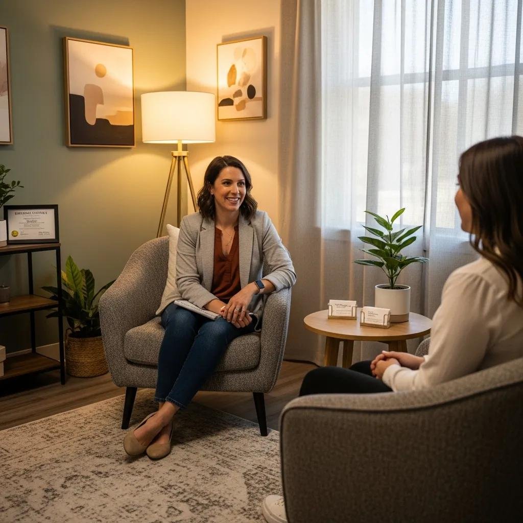 Therapist and client in a warm therapy office, symbolizing the balance of clinical practice and business management