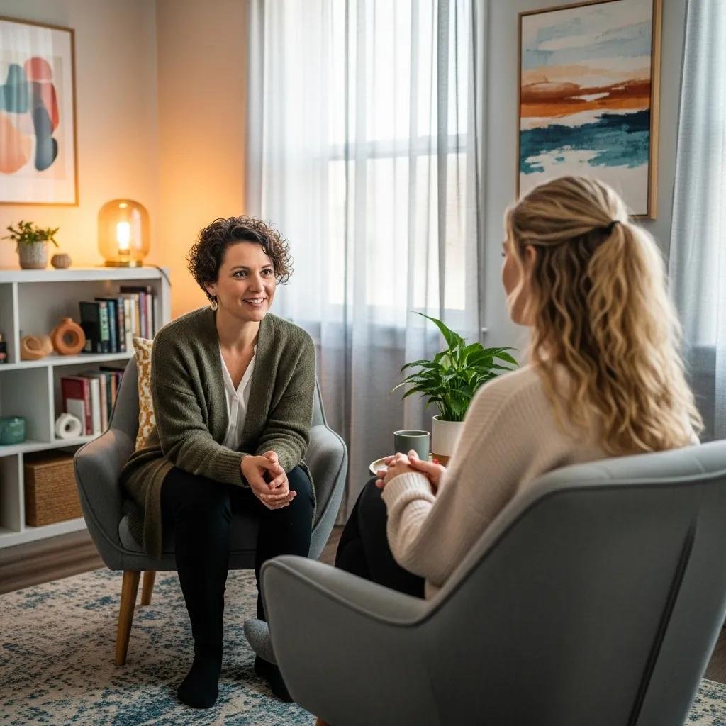 Therapist and client in a warm therapy room, illustrating the benefits of video testimonials