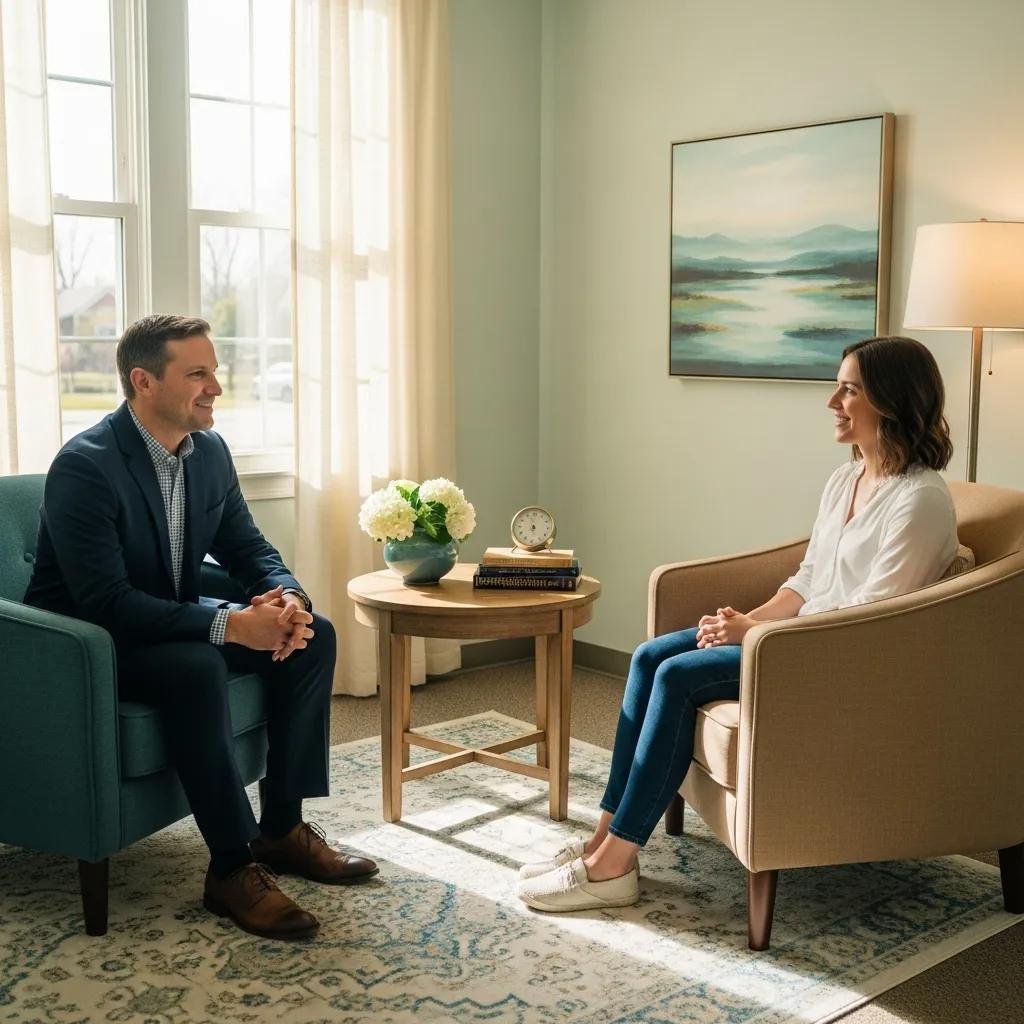 Therapist and client in a welcoming office setting, emphasizing trust and professionalism