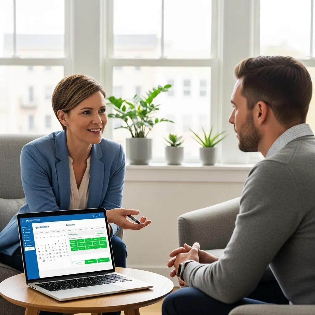 Therapist and patient discussing EHR features in a bright therapy office