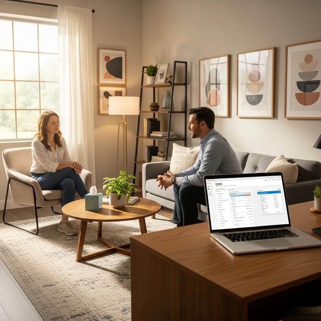 Therapist and patient in a warm office setting discussing electronic health records