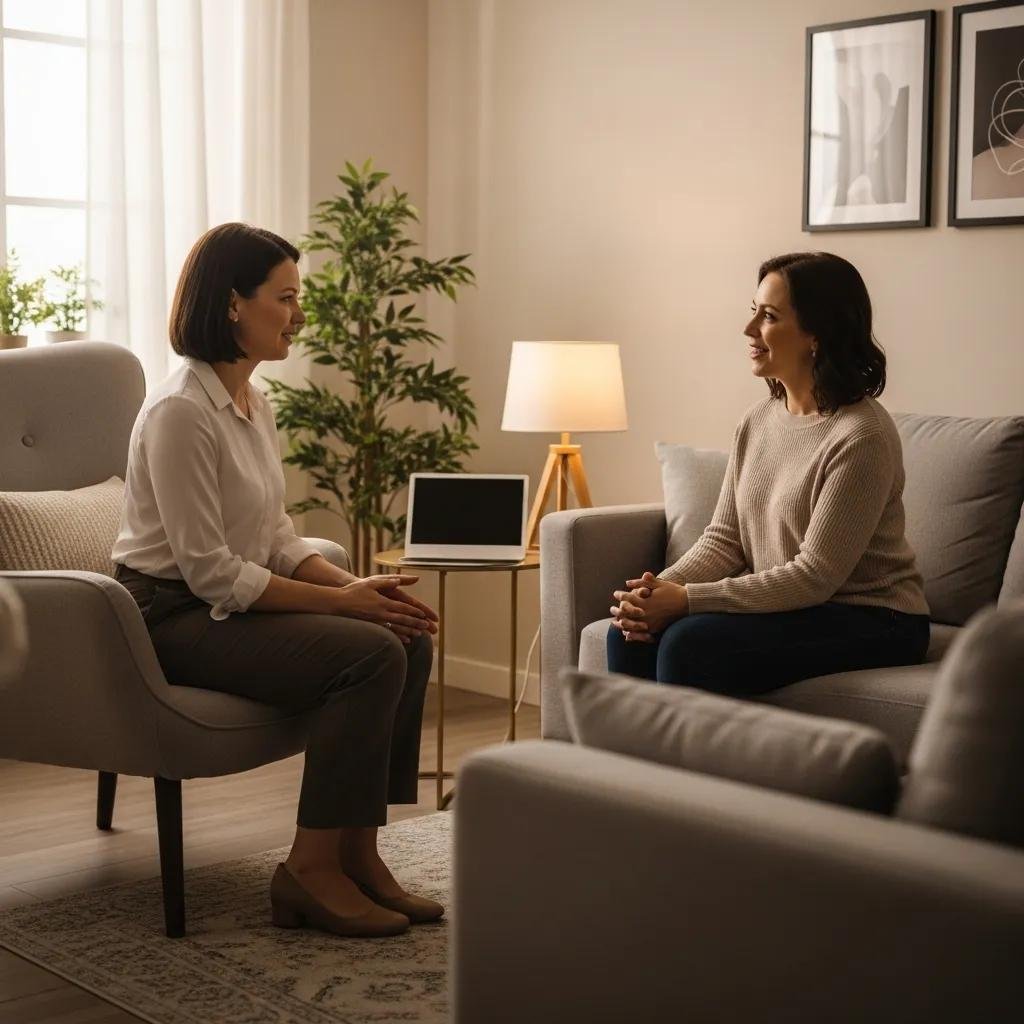 Therapist and patient in a warm therapy room discussing AI in mental health care