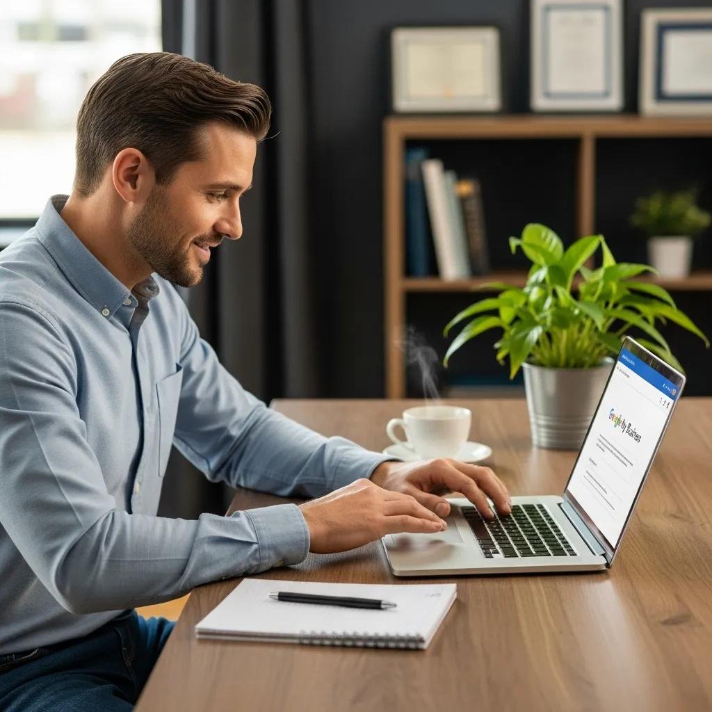 Therapist at a desk setting up Google My Business profile on a laptop, surrounded by a notepad and coffee cup, illustrating the setup process