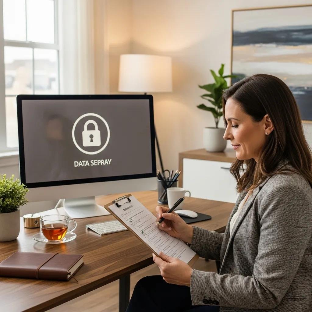 Therapist checking HIPAA compliance requirements with a secure website in the background