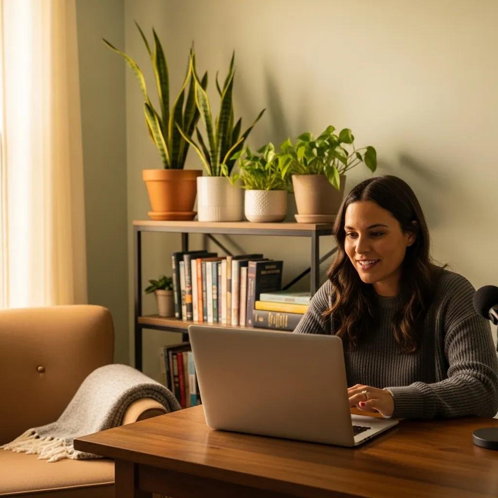 Therapist conducting a telehealth session in a cozy home office, emphasizing the integration of technology in therapy