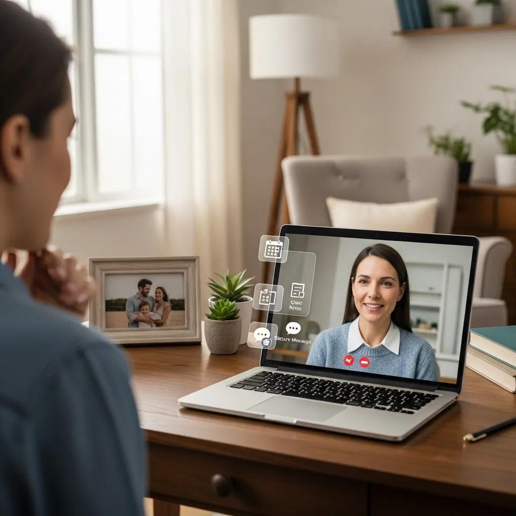 Therapist conducting a video call with a client, showcasing the integration of CRM with telehealth services