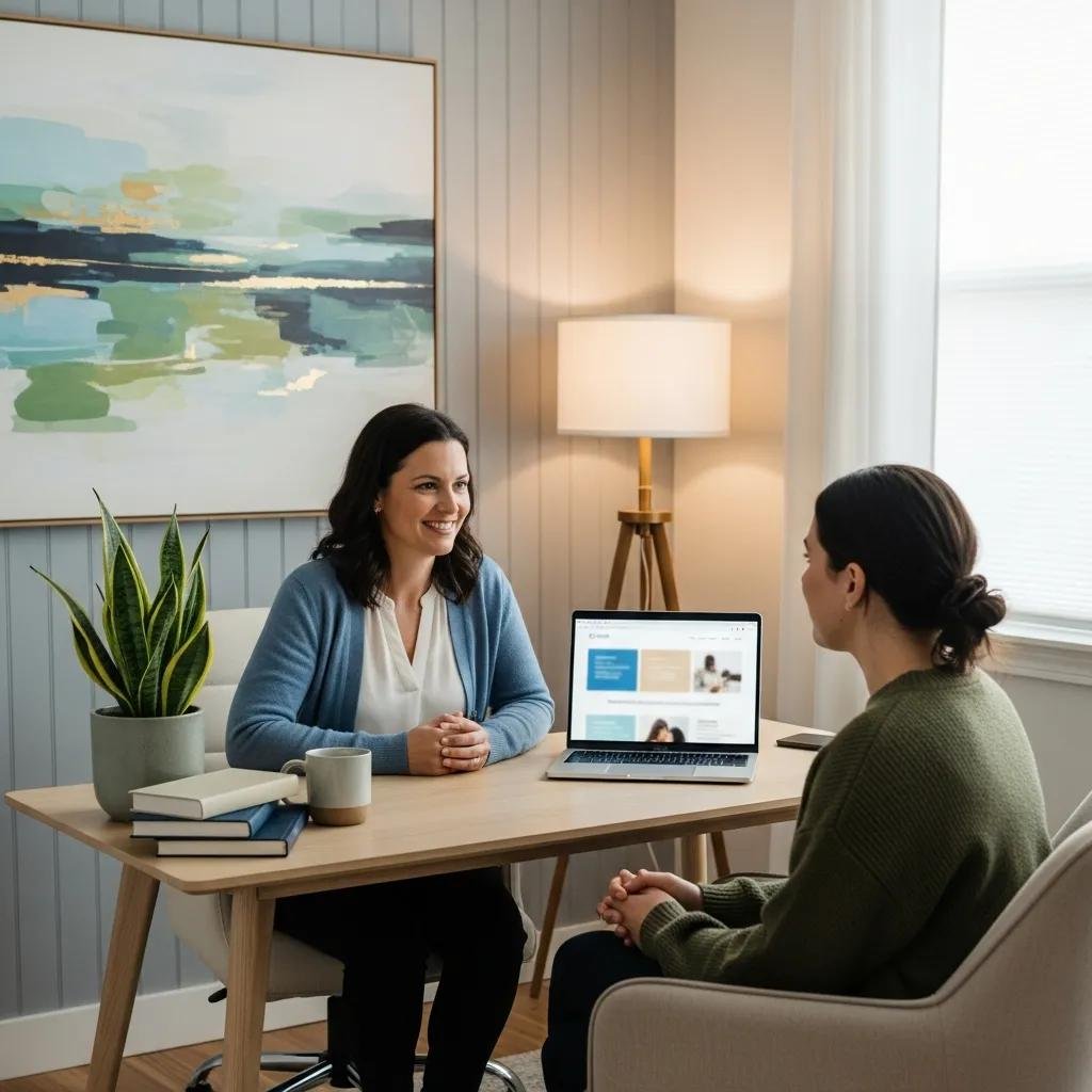 Therapist consulting with a client in a serene office, emphasizing HIPAA compliance in mental health practices