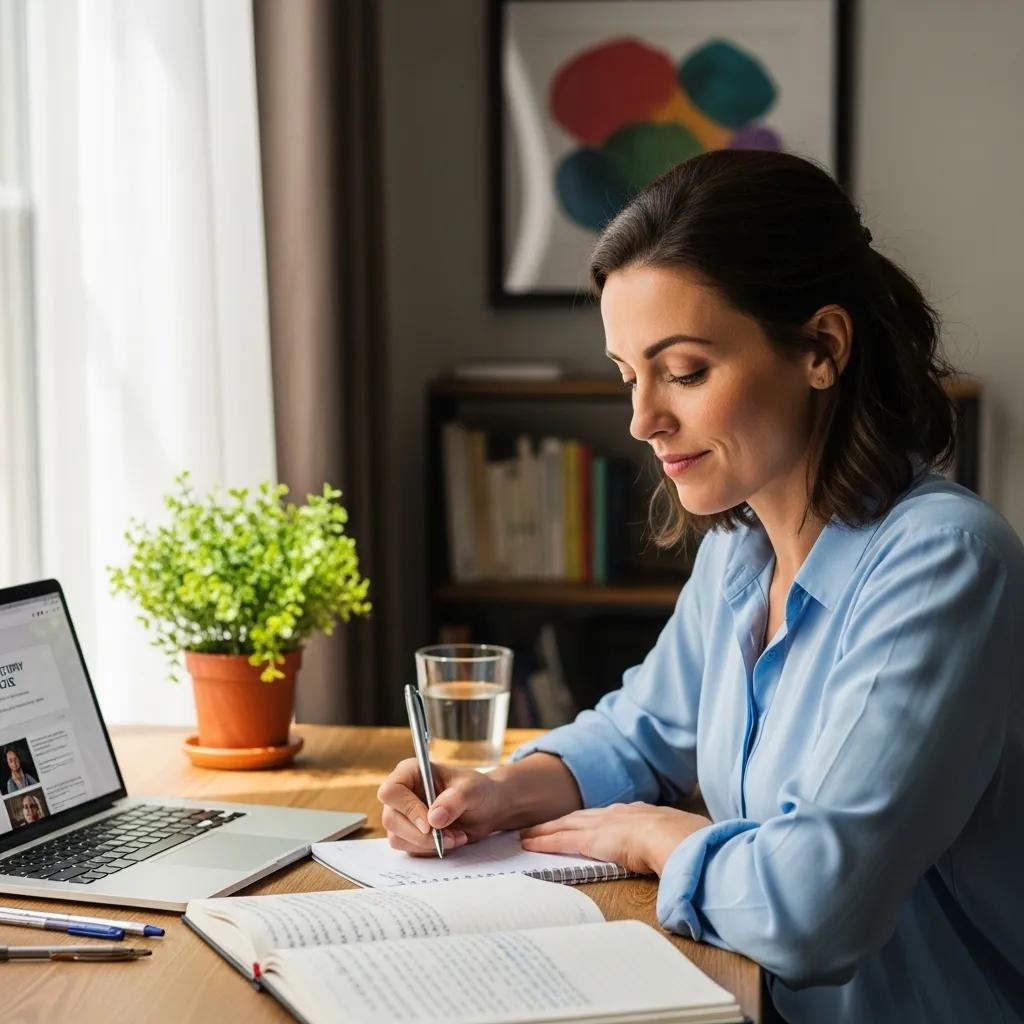 Therapist crafting notes for directory profile optimization, illustrating the importance of a compelling bio